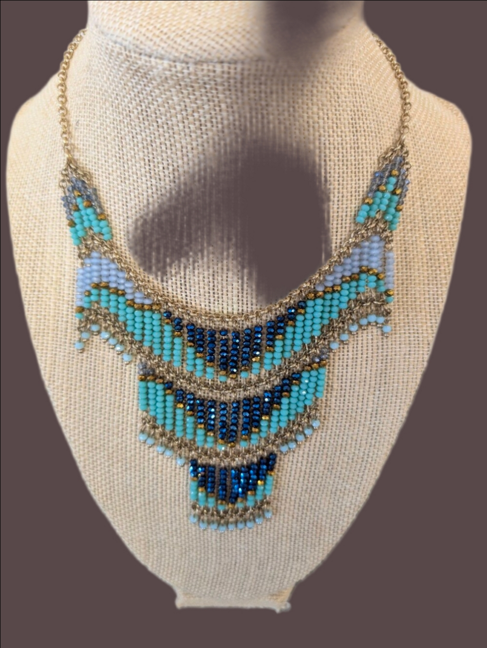 Vintage Necklace Handmade Beaded Turquoise & Navy Statement - Women Jewelry